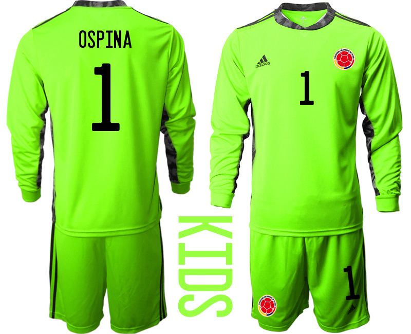 Youth 2020-2021 Season National team Colombia goalkeeper Long sleeve green #1 Soccer Jersey2